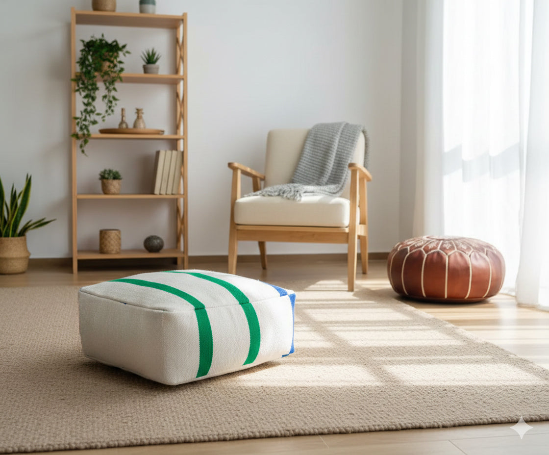 Square Yidir pouf with green and blue lines