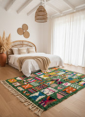 Green Moroccan rug in cozy boho bedroom.