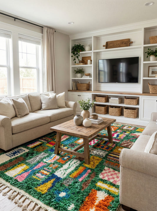 Colorful green Berber rug in living room.