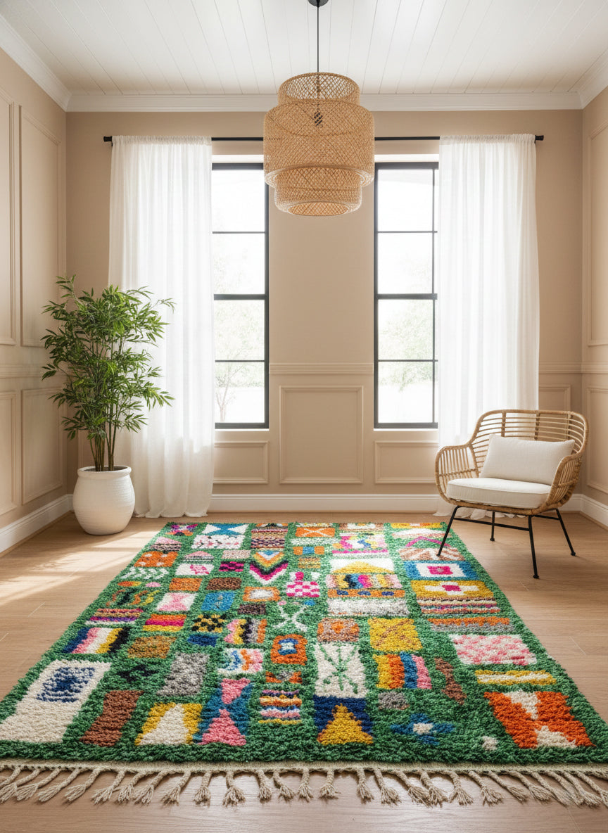 Green Berber rug with vibrant motifs in bright room.