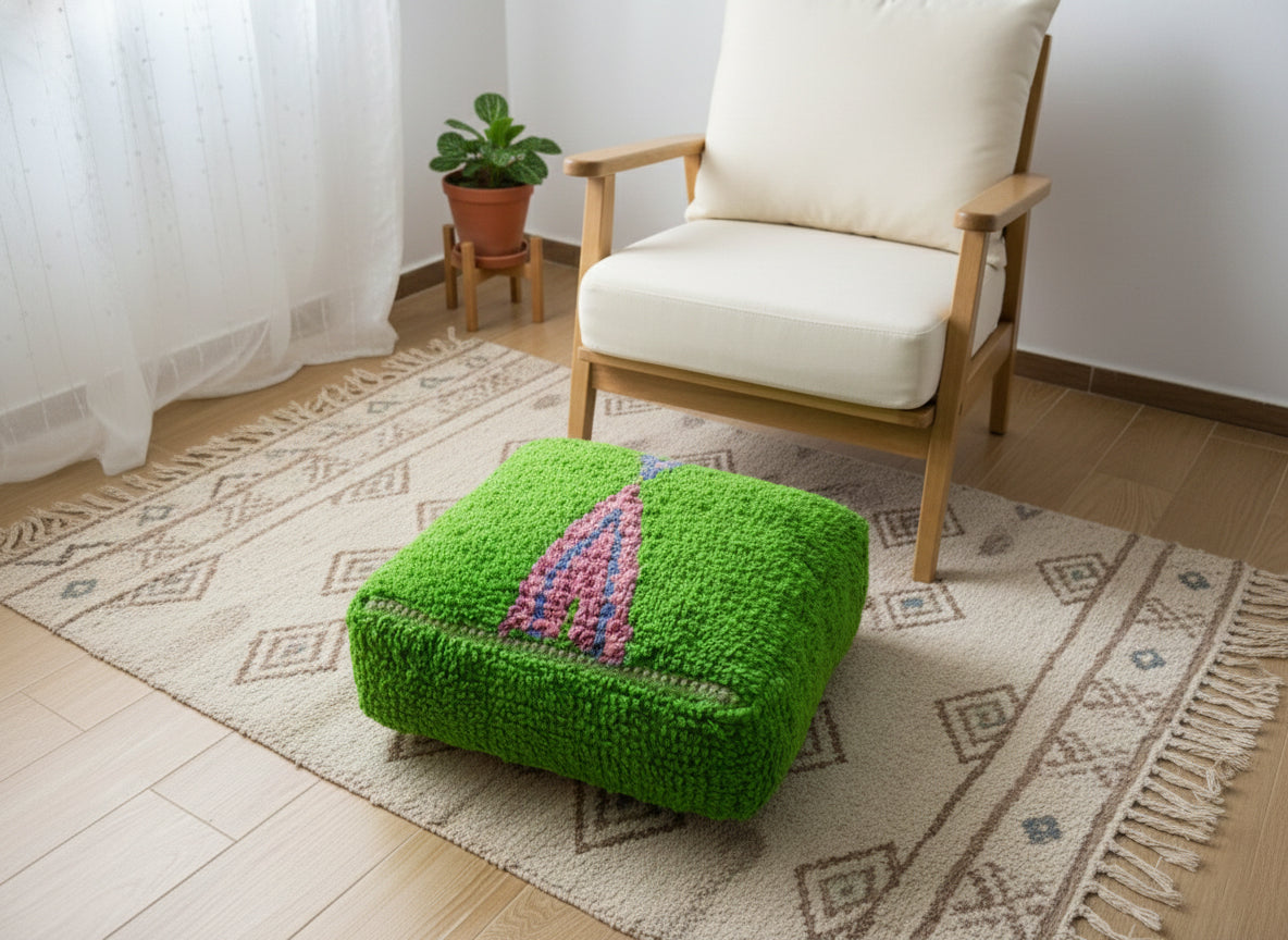 Handwoven green Moroccan pouffe in a cozy boho reading corner.