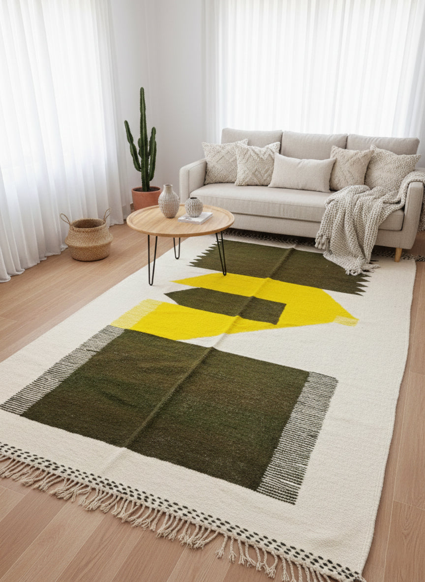 Taznurt Berber wool rug styled in a modern living room with beige sofa and cactus plant