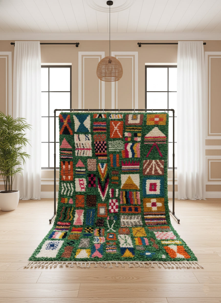 Green Tiloua rug displayed with colorful patterns.
