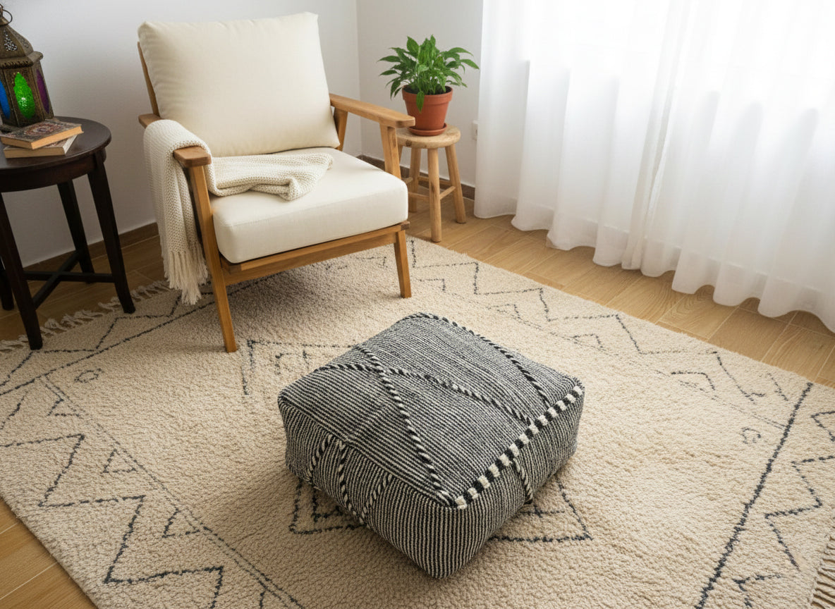 Striped Tamazirt pouf placed in a cozy reading corner.