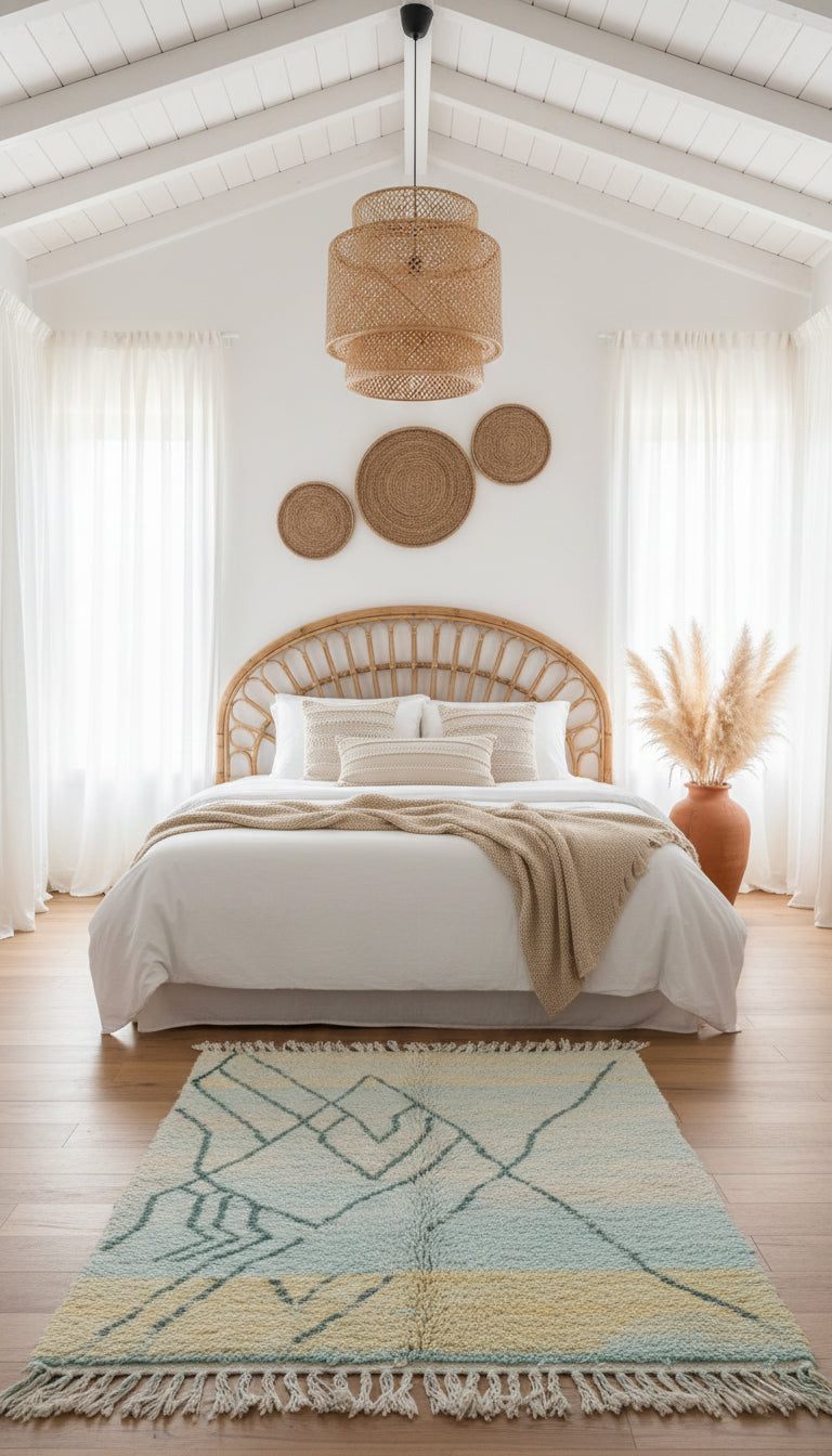 Pastel Berber rug in light blue and yellow in a bright bedroom.