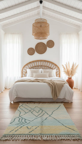 Pastel Berber rug in light blue and yellow in a bright bedroom.