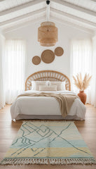 Pastel Berber rug in light blue and yellow in a bright bedroom.