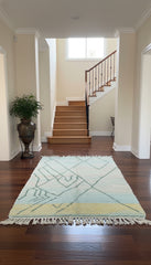 Pastel Berber rug placed in a hallway with wooden floors.