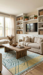 Light blue and yellow Berber rug under a rustic coffee table.