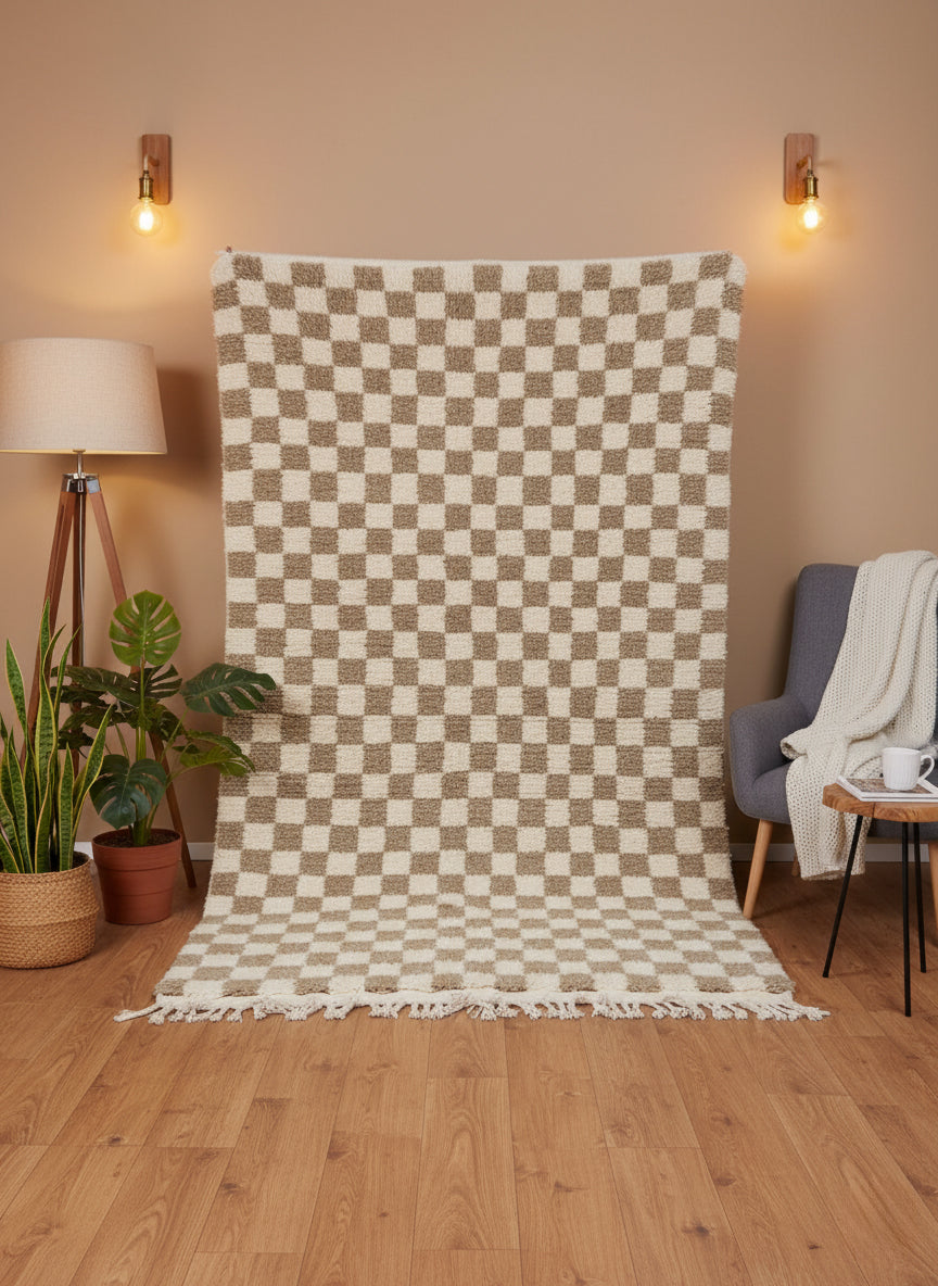 Full view of Timzar beige and cream checkered wool rug hanging against a warm-toned wall.