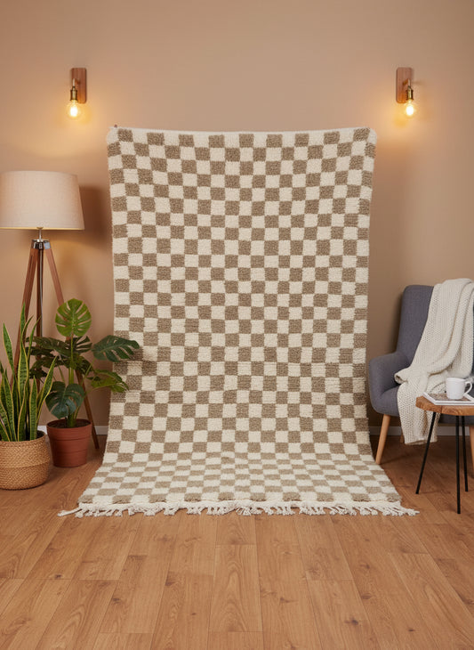 Full view of Timzar beige and cream checkered wool rug hanging against a warm-toned wall.