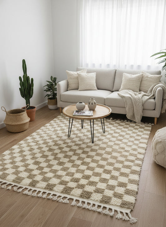 Beige and ivory checkerboard wool rug styled in a cozy Scandinavian living room