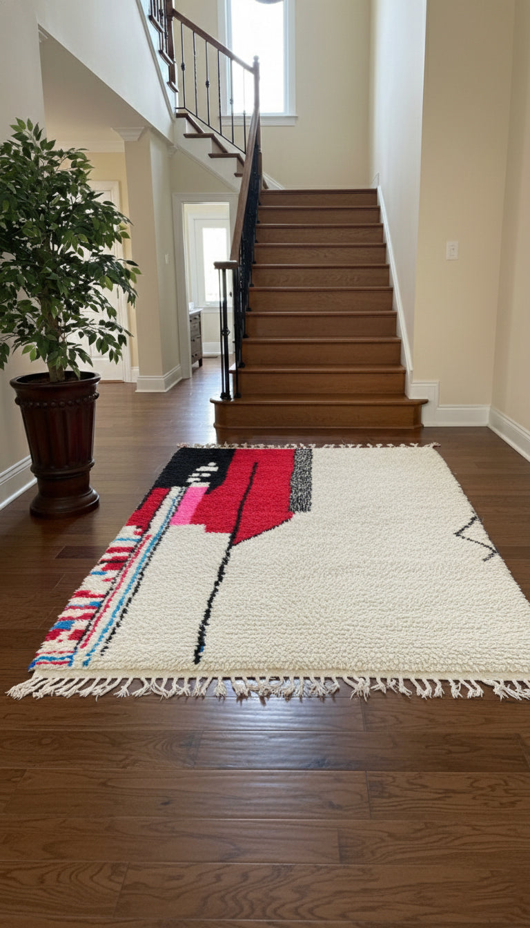 Moroccan Tisili rug placed in a hallway near wooden stairs with bold red and black accents.