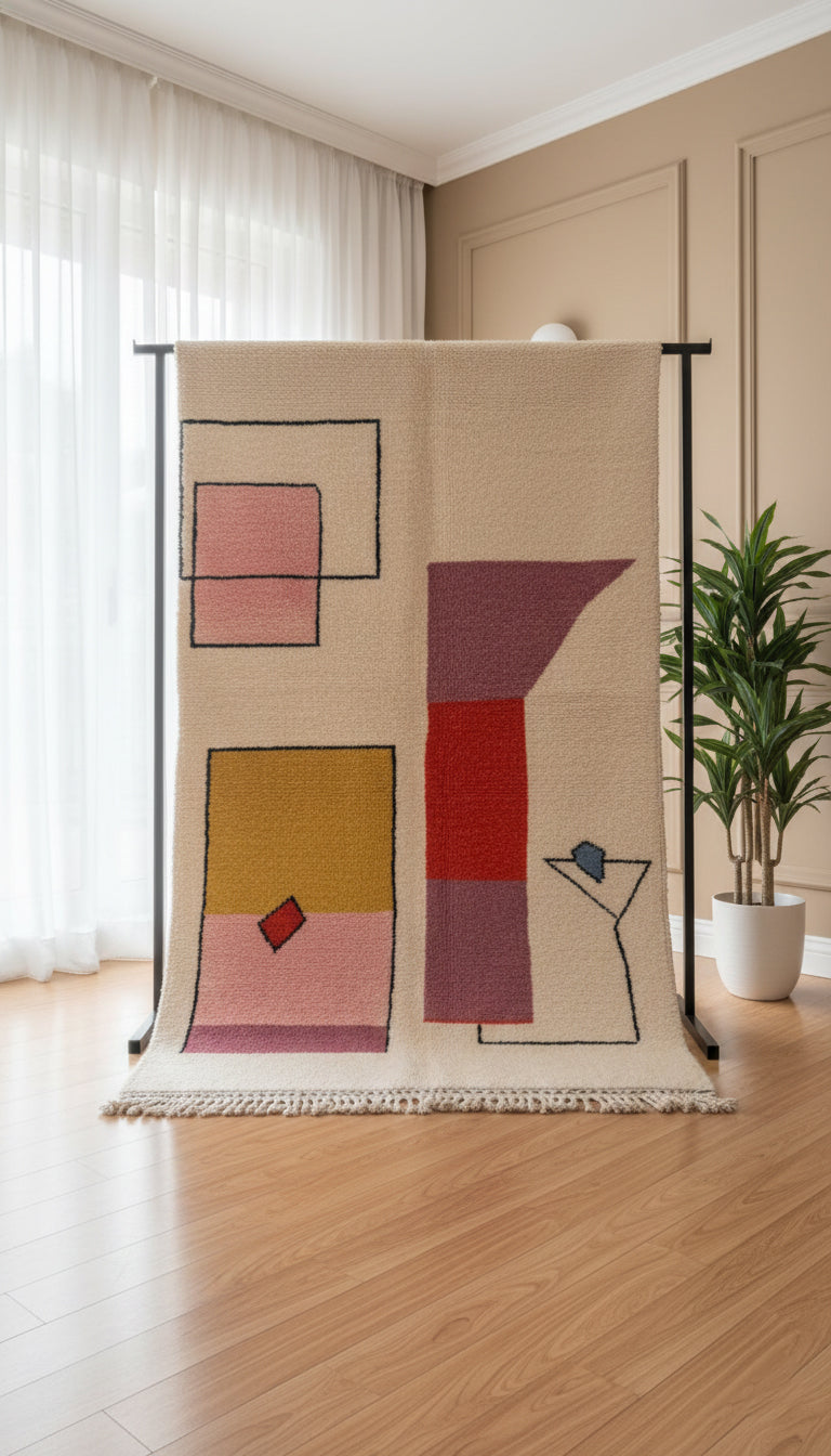 Colorful abstract Berber rug displayed on a stand in a modern interior.