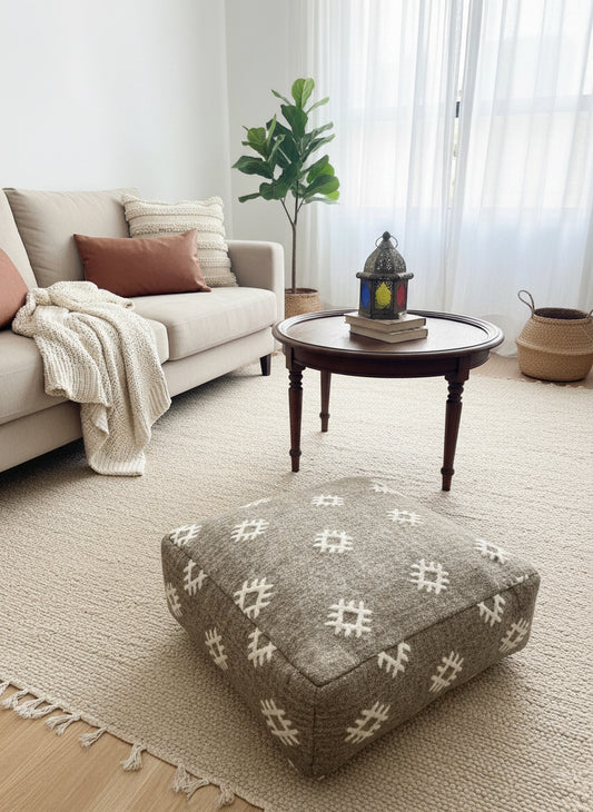Moroccan floor pouf in cozy living room