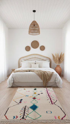 Handmade Tasga Berber rug in a minimalist bedroom with rattan headboard and neutral tones.