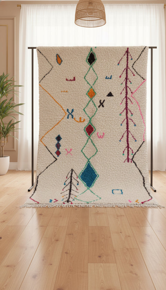 “Close-up view of the Tasga Moroccan rug hung vertically showing colorful Berber motifs.”