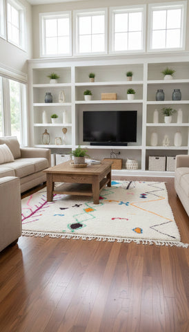 “Tasga Moroccan Berber rug in a cozy living room with beige sofas and wooden coffee table.”