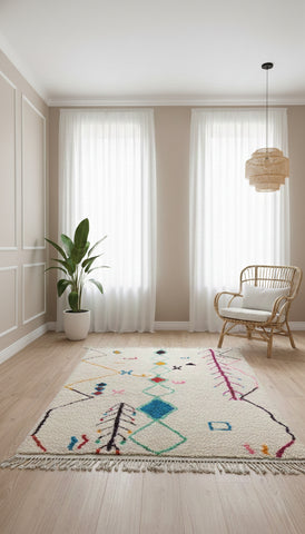 “Moroccan Tasga Berber rug in a bright modern living room with rattan chair and natural décor.”
