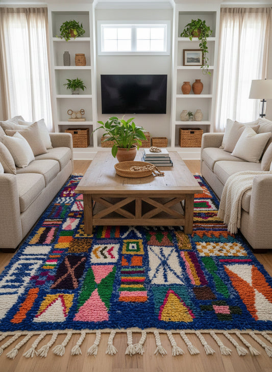 Colorful Moroccan Berber Igran rug in living room.