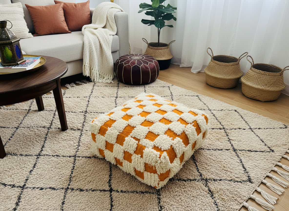 Berber Akil pouffe styled in a cozy living room on a beige rug.