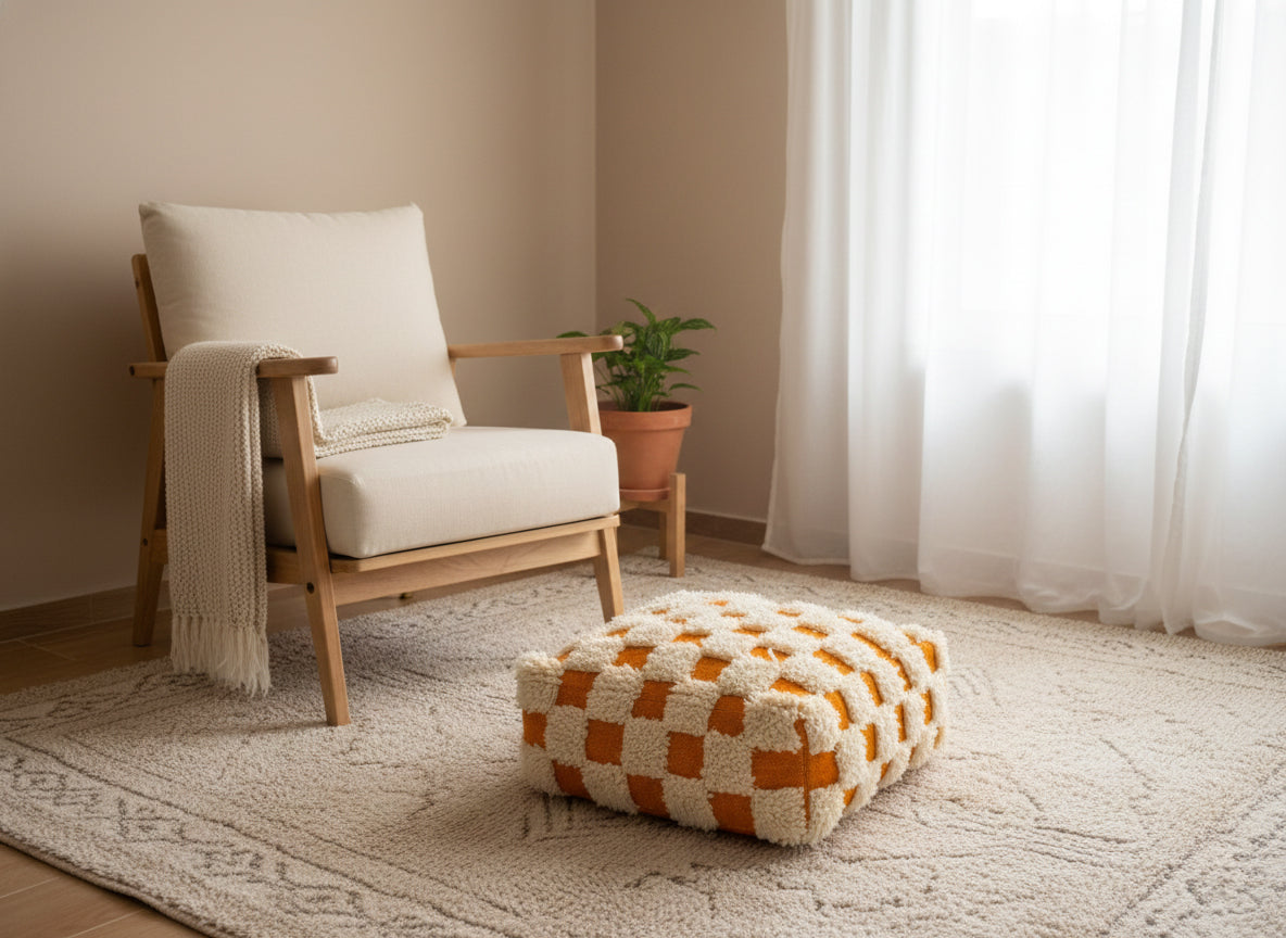 Handmade orange and cream pouffe on a textured rug in a warm space.