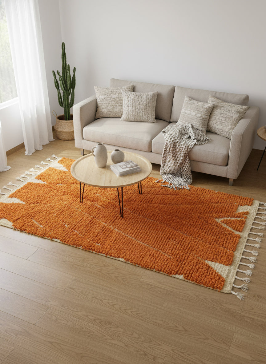 Bright orange Moroccan wool rug with geometric details under beige sofa and round table