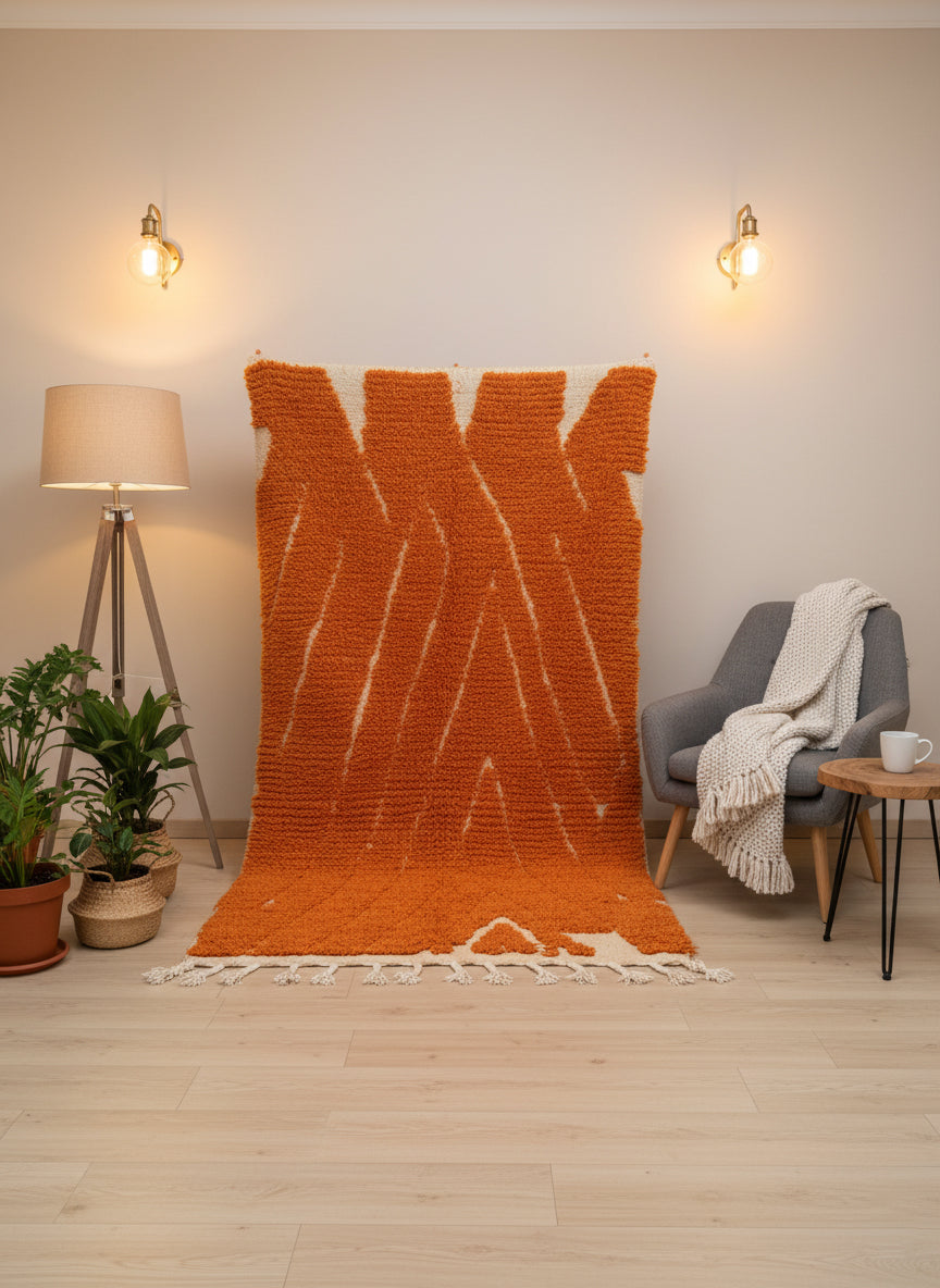 Tanouba Berber orange rug displayed upright showing handwoven texture and tassel edges