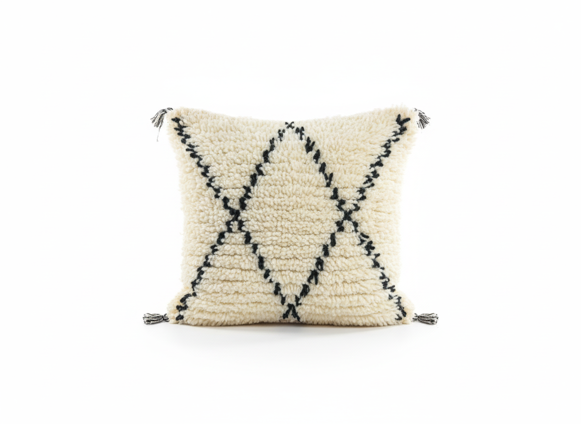 Handwoven Moroccan wool cushion with black diamond pattern