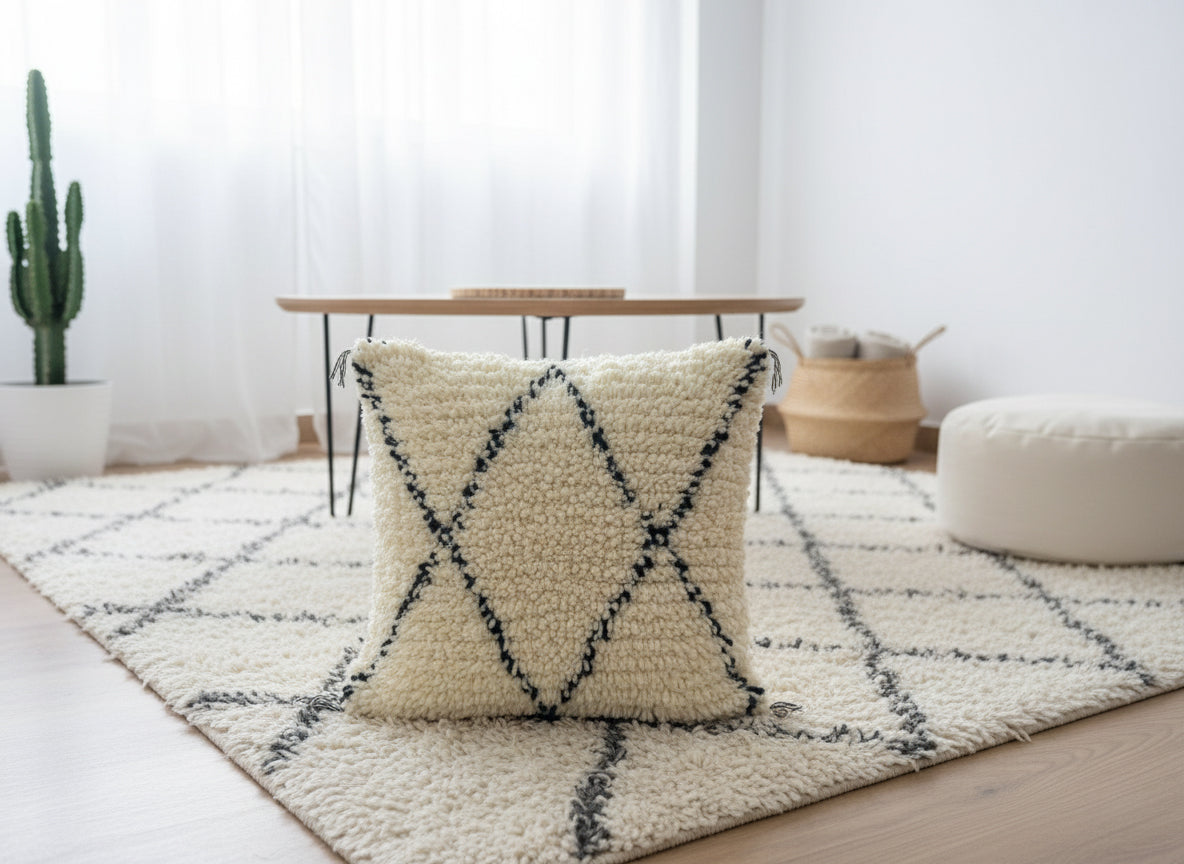 Titrit Berber pillow styled on cream rug in bright modern living room