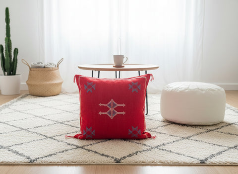 Red Tisri Moroccan rug pillow with Berber motifs in a bright modern living room