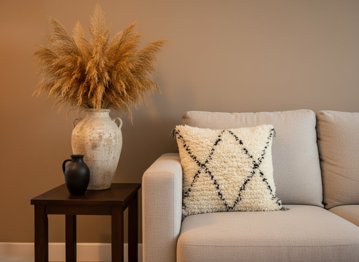 Titrit cream and black Berber pillow on beige sofa with ceramic vase decor