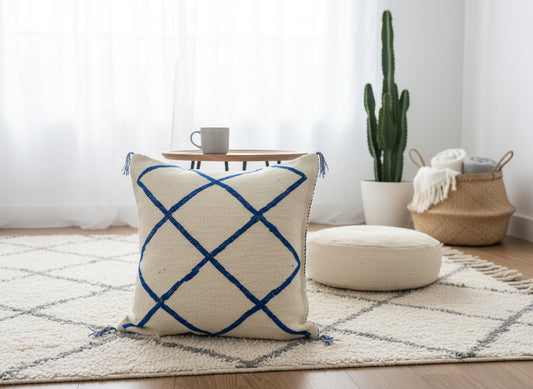 Blue and white Moroccan pillow on wool rug with cactus decor