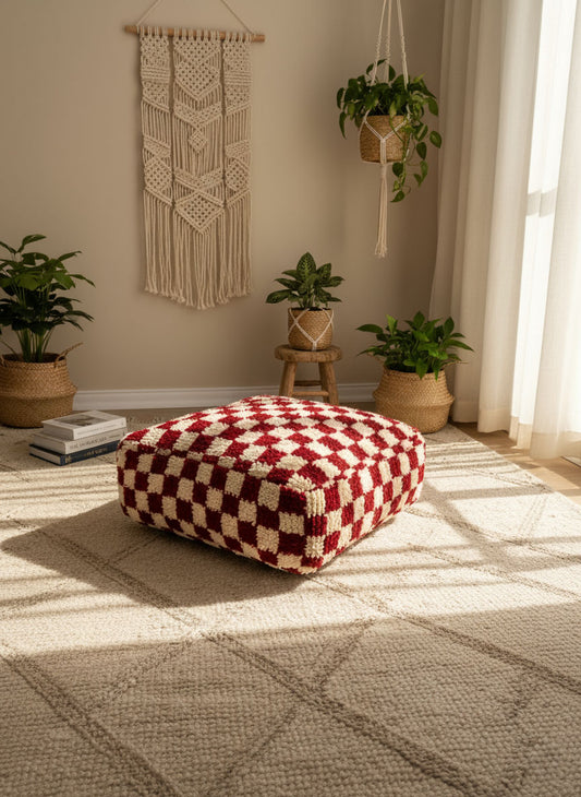 Fuchsia and white Moroccan pouf styled in a cozy boho living room with plants
