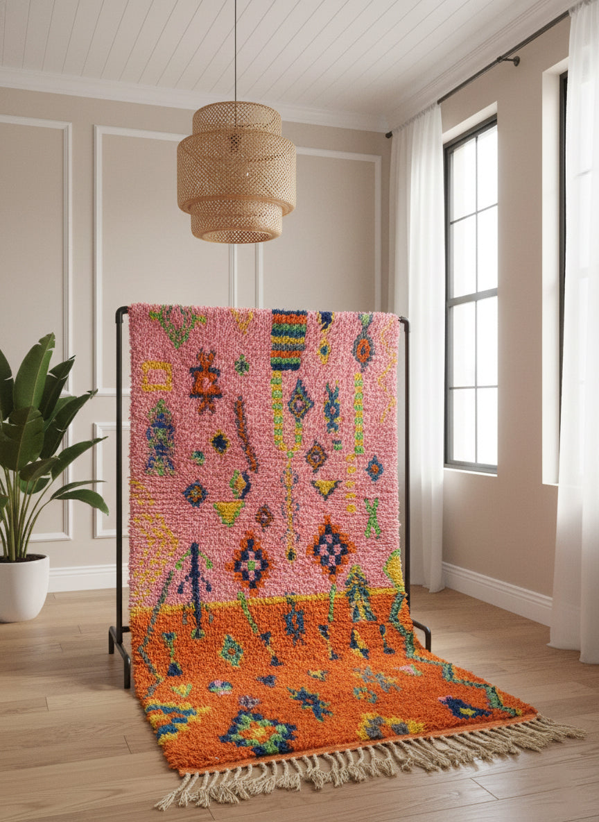 Colorful Moroccan Tafoukt rug hanging on a stand.