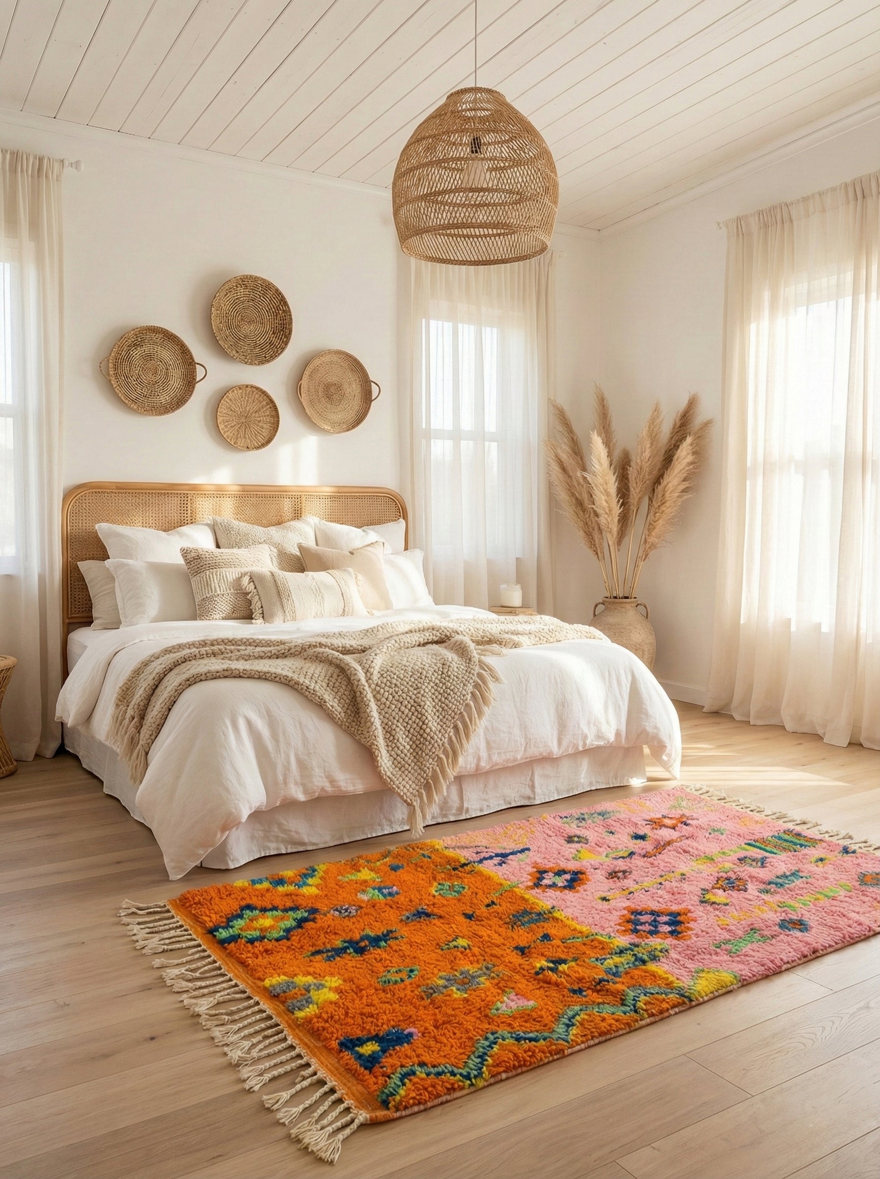 Pink and orange Berber rug in a cozy neutral bedroom.