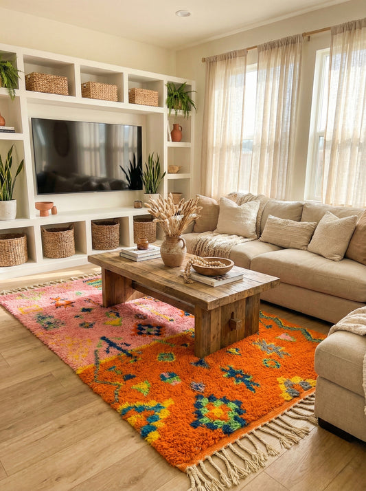 Tafoukt rug under a wooden coffee table in a boho living room