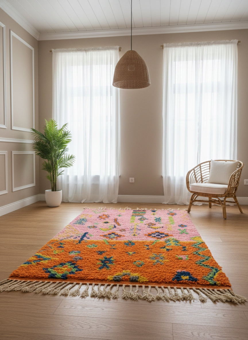 Pink and orange Berber Tafoukt rug in a bright living room
