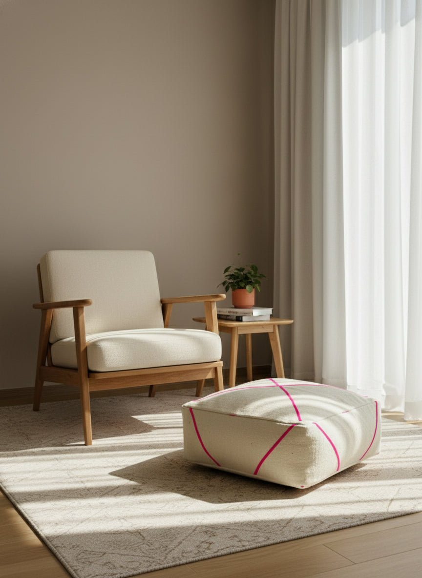 Wool pouf with pink lines beside armchair in natural light