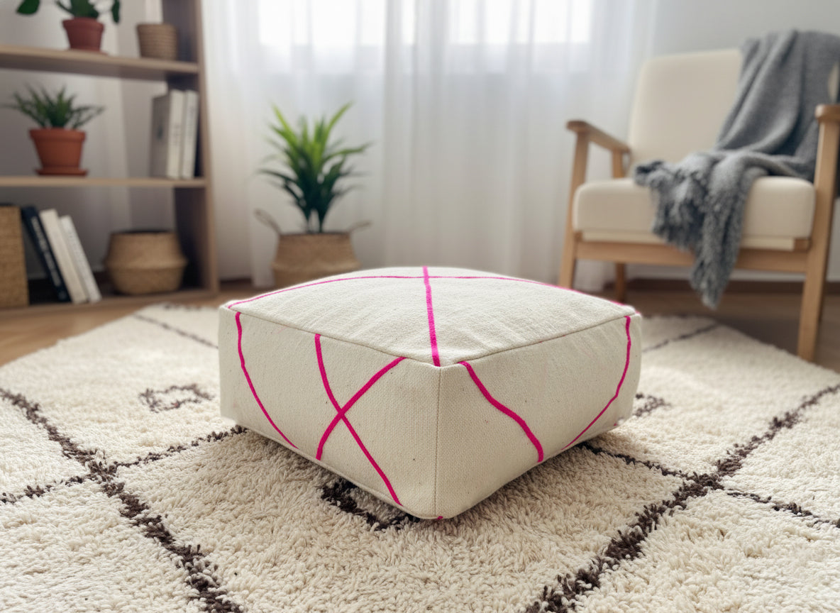 Cream Berber pouf with pink pattern on shag rug