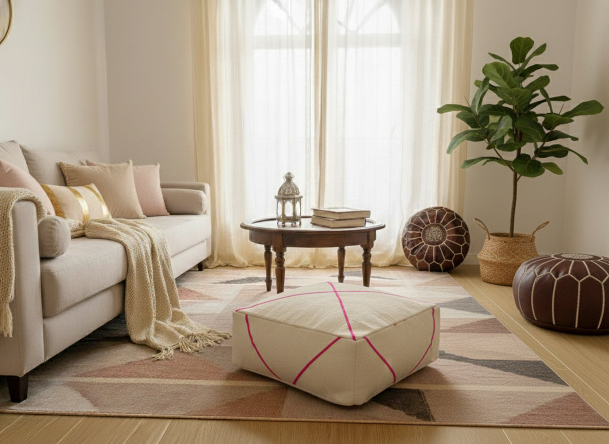Cream Moroccan wool pouf with pink lines in cozy living room