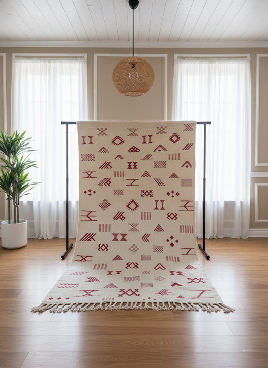 Assya rug displayed on stand with pink tribal symbols
