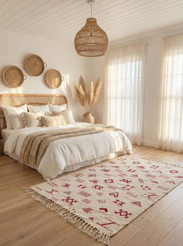 Assya Berber rug with pink patterns in a bright bedroom