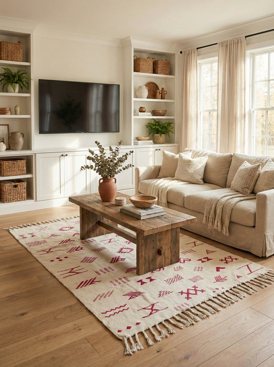 Cream Assya rug with pink designs in a warm living room