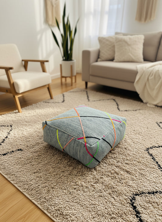 Blue Berber pouf on beige rug in warm living room
