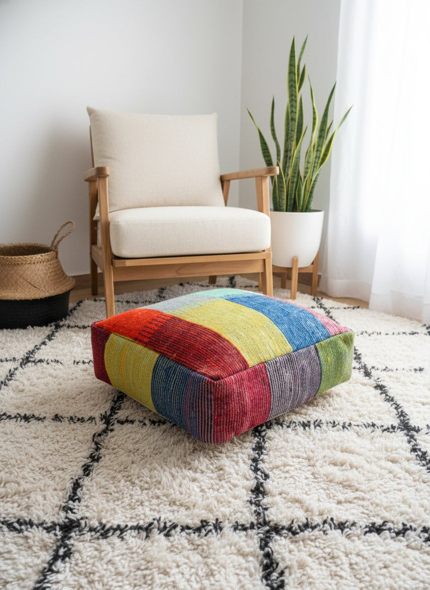 Colorful Berber wool pouf placed on a cream Moroccan rug in a cozy living room.
