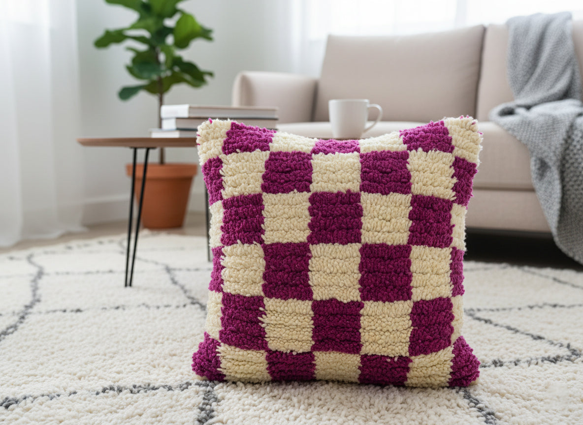 Tihlit Berber pillow on cream rug in modern living room setting