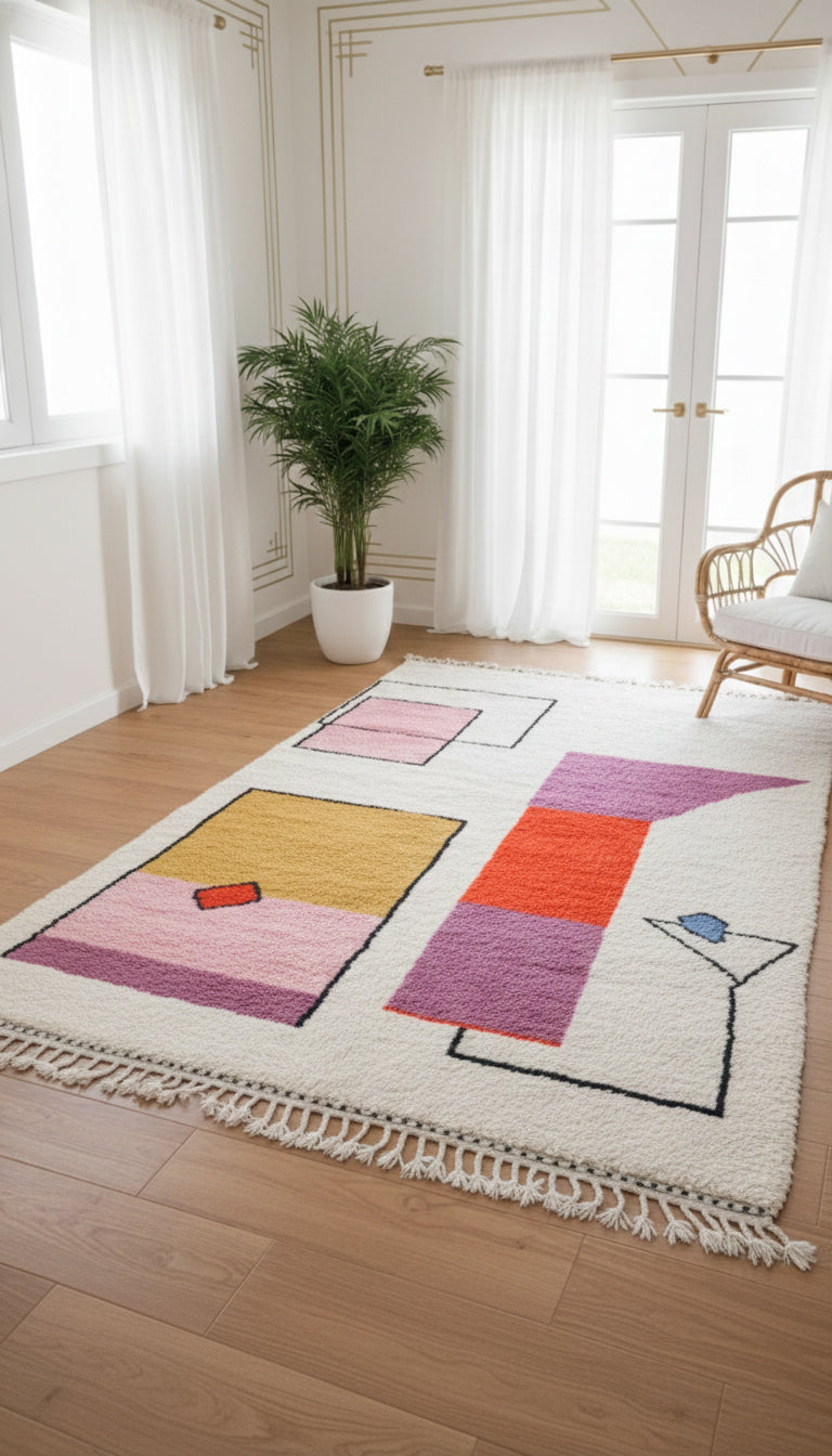 Geometric Moroccan rug styled in a minimalist room with natural light.