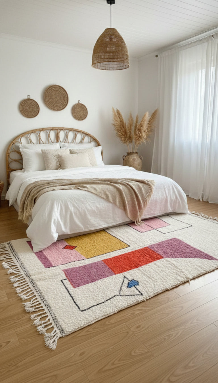 Soft Moroccan wool rug with geometric shapes placed in a cozy bedroom.
