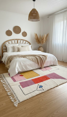 Soft Moroccan wool rug with geometric shapes placed in a cozy bedroom.